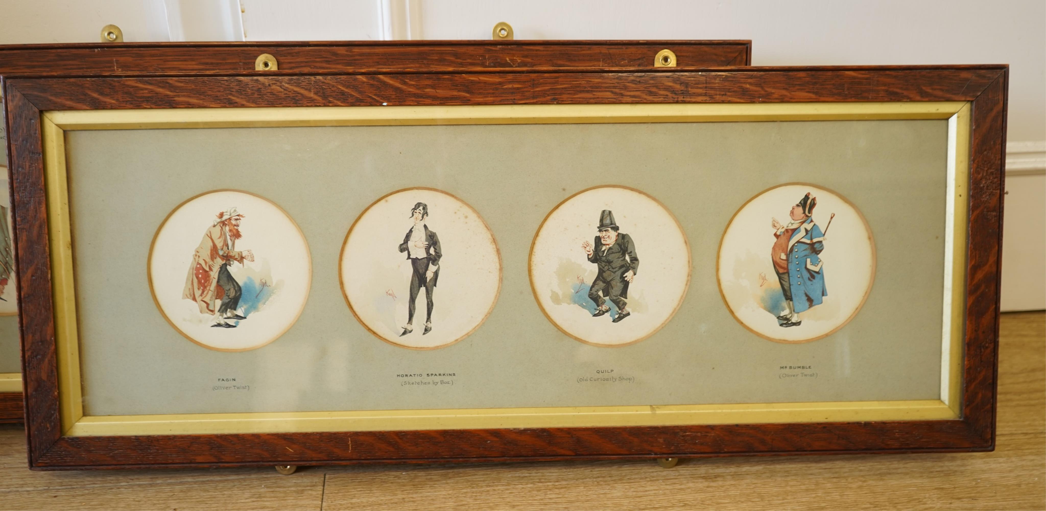 Joseph Clayton Clarke (KYD, 1857-1937), Dickens caricatures to include: Mr Bumble from Oliver Twist, Old Weller from Pickwick Papers and Quilp from Old Curiosity Shop, each signed, sixteen tondo watercolours, framed as f